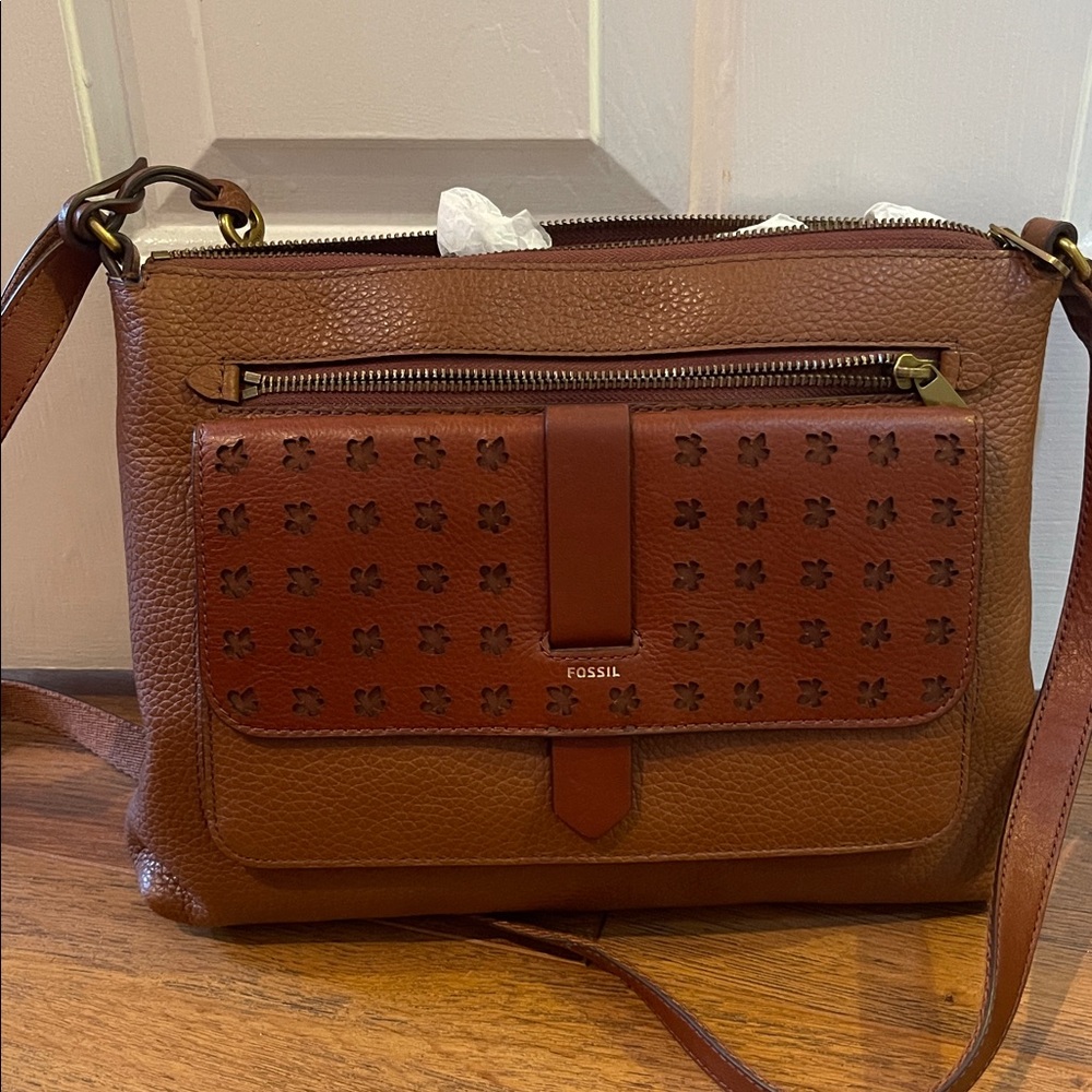 Fossil Tan Leather Crossbody with Floral Detail